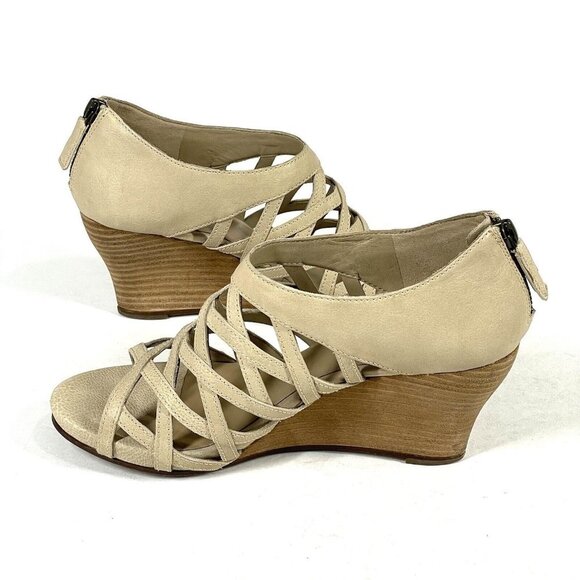 Eileen Fisher Sandals Womens 7 Beige Tan Caged Strappy Leather Wedge‎ Bohemian - Picture 6 of 11